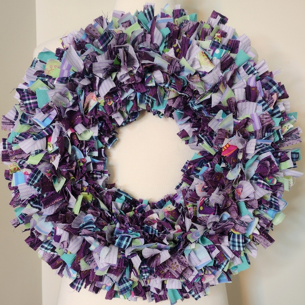 Hand crafted upcycled rag wreath, purple haze II, shabby chic.